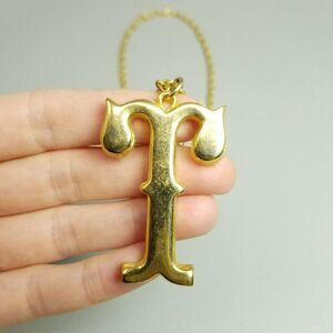 Vintage T Monogram Gold Tone Letter Pendant Necklace Large Initial 24 Inch Chain
